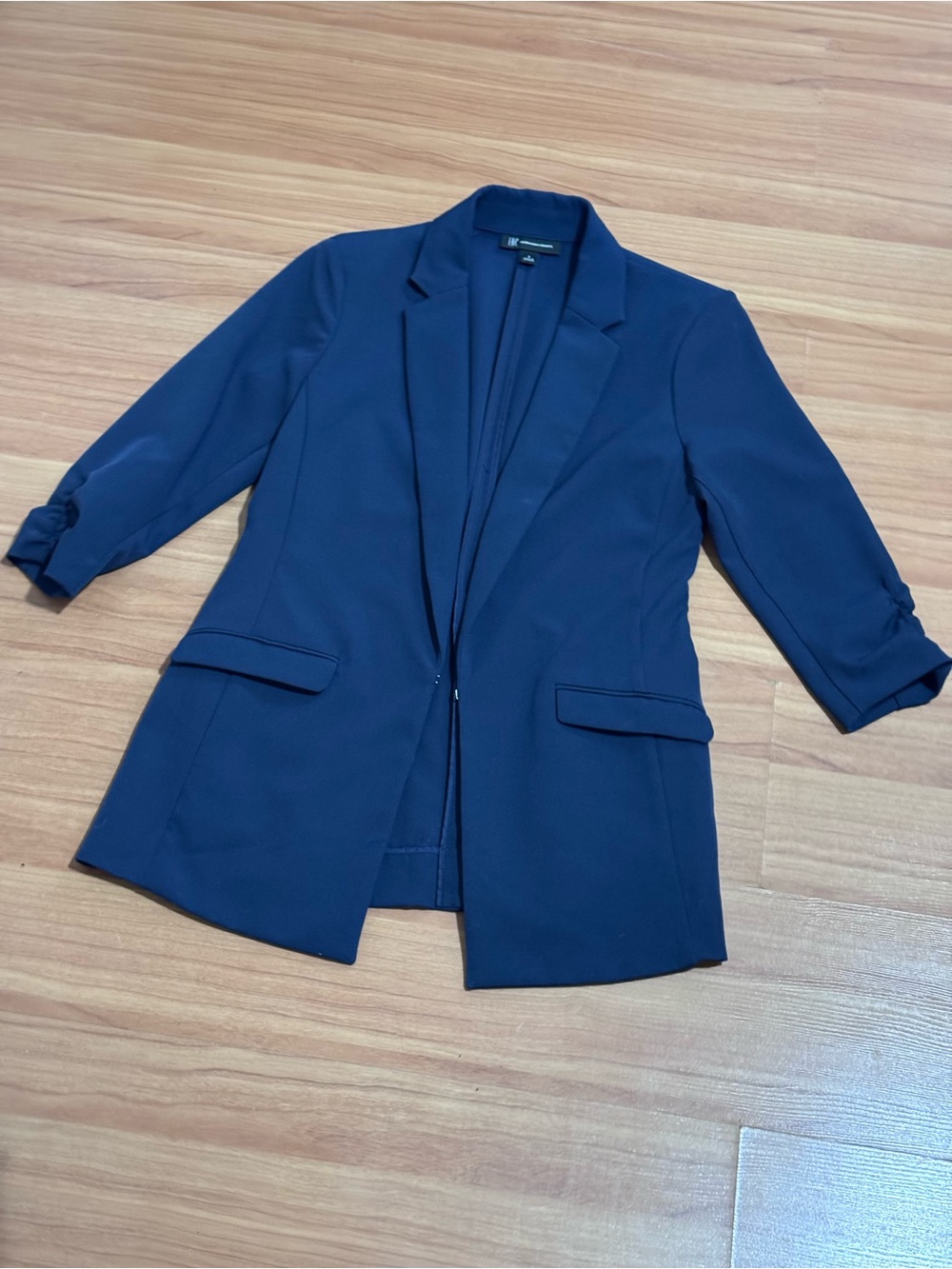 INC Navy Blue Ruched 3/4 Sleeve Open Front Blazer Size S